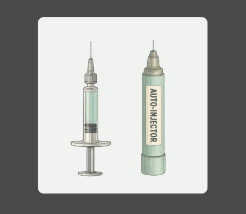 AI generated drawing of a pre-filled syringe and an auto-injector
