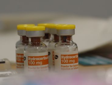 Close up photo of hydrocortisone sodium succinate vials