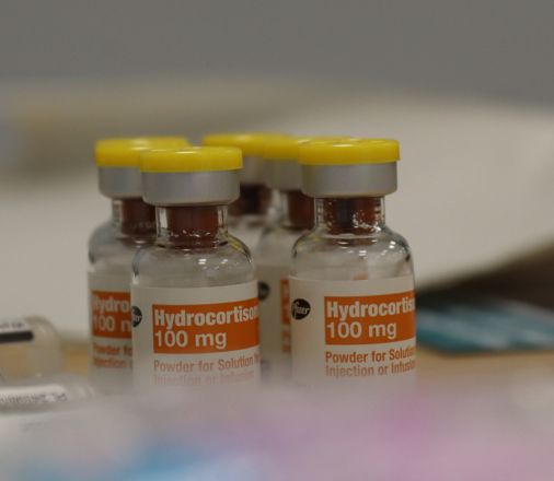 Close up photo of hydrocortisone sodium succinate vials