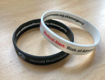 Black and white silicone medic alert wristbands for steroid-dependency